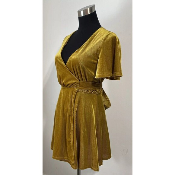 Lovers + Friends Wrap Dress Women's XS Gold Belted Corduroy Ribbed Revolve NEW - Picture 2 of 14